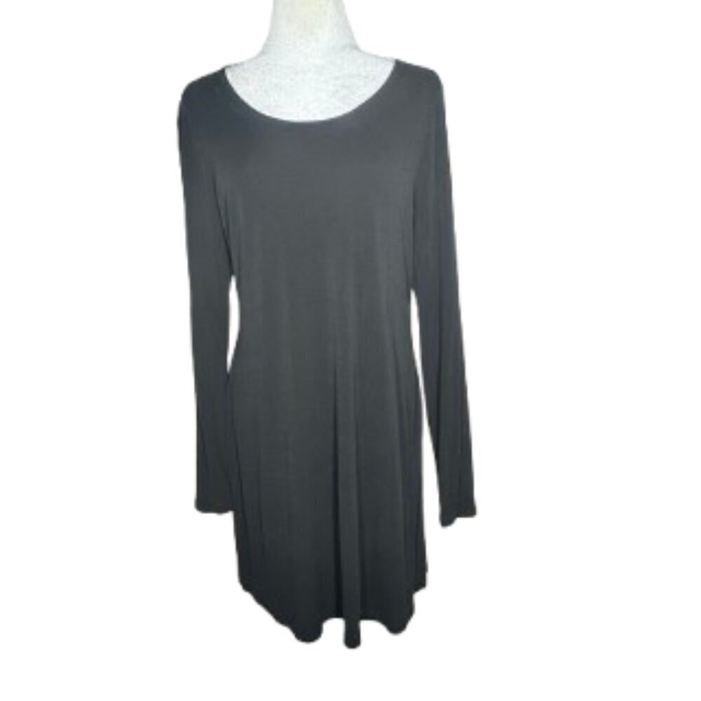 Eileen Fisher Side Slit Silk Dress Black Long Sleeve Size Large